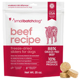 Smallbatch Pets beef-recipe freeze-dried bag showing convenient packaging for quick meals.