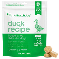 Smallbatch Pets duck recipe freeze-dried bag front view highlights single-protein nutrition