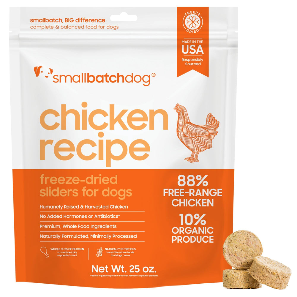 Smallbatch Pets freeze-dried chicken patty closeup highlights high-protein texture for dogs.
