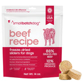 Smallbatch Pets freeze-dried beef recipe bag ready for rehydration and feeding.
