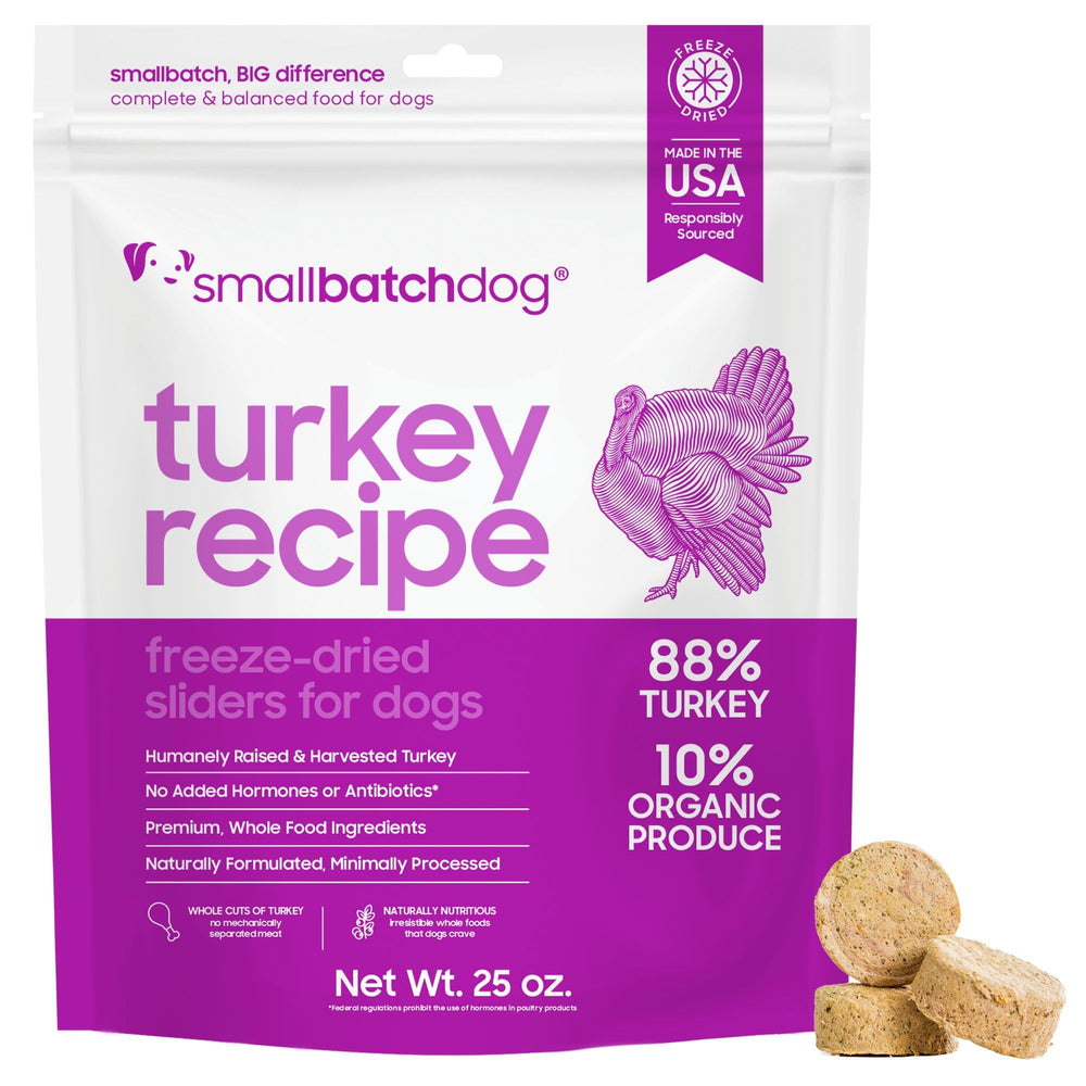 Smallbatch Pets freeze dried turkey patties ready to hydrate for meals.