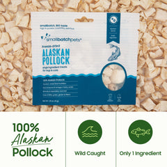 Smallbatch Pets Pollock treat in resealable pouch for easy rewards.