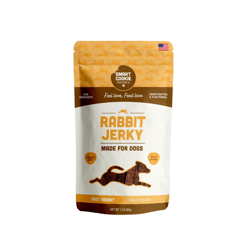 Smart Cookie rabbit jerky strips packaging shows grain-free, USA-made dog treats.