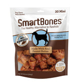 SmartBones Peanut Butter Mini Chews packaging shows real chicken and peanut butter as a tasty dog treat.