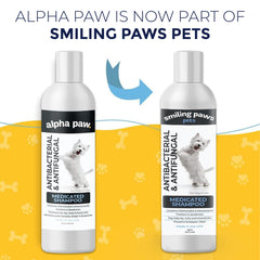 Smiling Paws Medicated Shampoo bottle back label highlighting vet-grade ingredients.