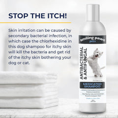 Smiling Paws Medicated Shampoo being poured for gentle, even application.