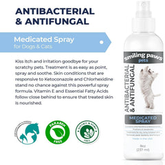 Smiling Paws spray mist provides targeted care on a cat’s skin.