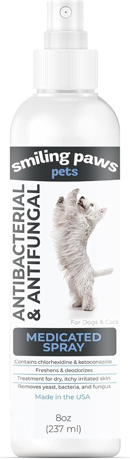 Smiling Paws Pets Advanced Chlorhexidine Spray bottle ready for at-home skin care.