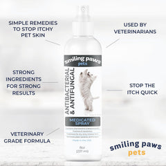 Smiling Paws bottle label close-up showing veterinary-grade antiseptic formula for pets.