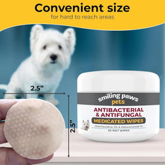 Smiling Paws Pets antibacterial wipes closeup ingredients highlight ketoconazole and chlorhexidine for skin care.