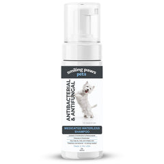 Smiling Paws Pets Medicated Waterless Shampoo bottle provides quick, water-free cleansing for busy owners.