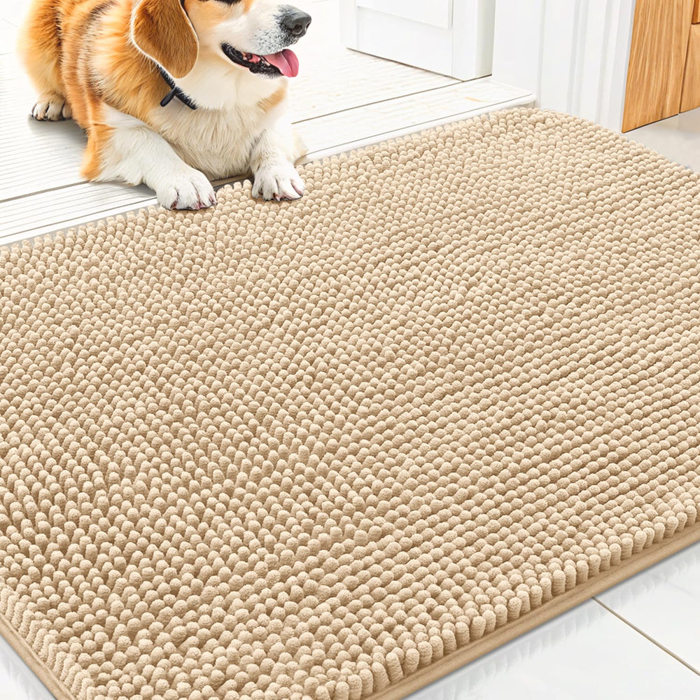 Smiry dog door mat with muddy paws focus; absorbs moisture for clean floors.