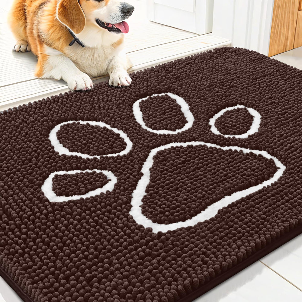 Smiry dog door mat showing muddy paws; soft chenille absorbs moisture for clean entryways.