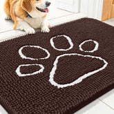 Smiry dog door mat showing muddy paws; soft chenille absorbs moisture for clean entryways.