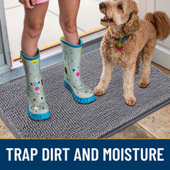 Smiry dog door mat features non-slip backing to prevent slipping on floors.