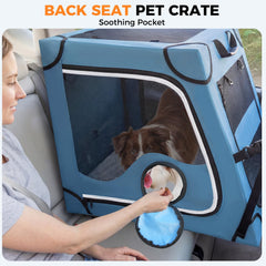 Crate secured by seatbelt and headrest straps during drives