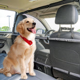 Snagle Paw see-through mesh barrier keeps pets secure in the back seat.