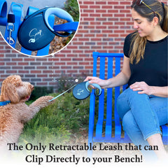 Snap Dog Leash hands-free-connection shows effortless attachment to a chair for cafe tasks.