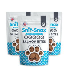 Snif-Snax Salmon Bites packaging highlights premium, human-grade treats for training rewards.