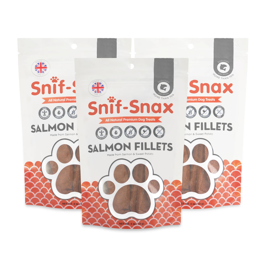 Snif-Snax salmon fillets dog treats pack for training rewards.