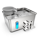 SNIFFNSLURP dog water fountain shows 270oz capacity for extended hydration.