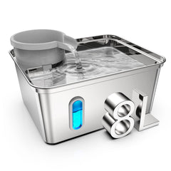 SNIFFNSLURP dog water fountain shows 270oz capacity for extended hydration.