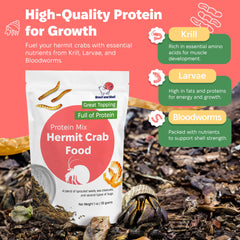 Snout and Shell Protein Mix Hermit Crab Food crickets highlight natural protein sources.