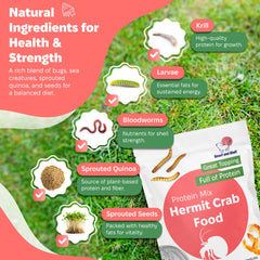Snout and Shell Protein Mix Hermit Crab Food krill bits emphasize nutrient-rich bites.