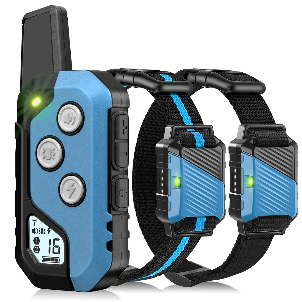 Snsng dual-dog training collar remote held for easy two-dog training.