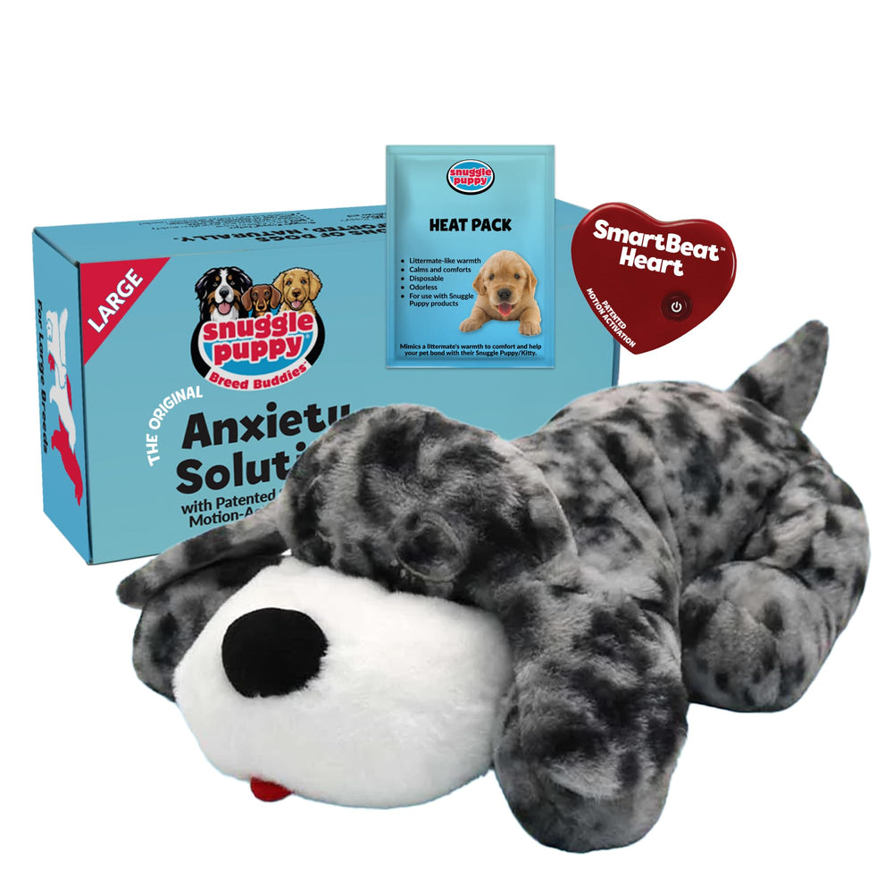 Snuggle Puppy heartbeat toy for large Dane, real pulse soothing crate time.