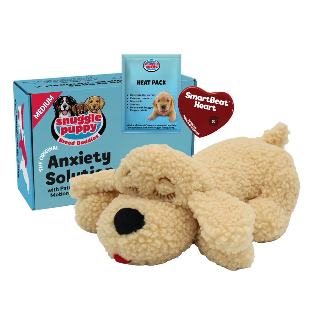 Snuggle Puppy real-feel heartbeat module calms puppies at night.