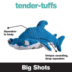 Snuggle Puppy Tender-Tuffs hammerhead plush in a large-dog play scenario for interactive fun.