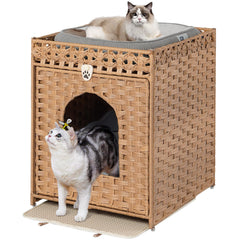 Snughome cat litter box enclosure shows handwoven rattan texture for a cozy private space