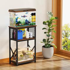 Snughome rustic brown aquarium stand front view highlighting compact footprint.