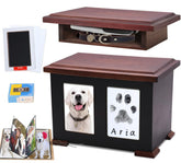 Sofunii dog urn front view in warm pine wood, a dignified memorial keepsake.