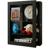 Sofunii pet memorial shadow box black front view with adjustable shelves for memories