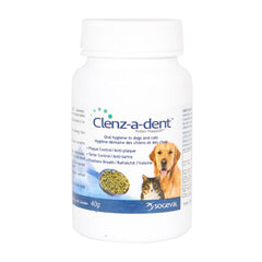 Sogeval Clenz-A-Dent flakes packaging demonstrates seaweed-based formula for fresh breath.
