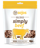 Sojos Simply Beef freeze-dried treats bag front, ideal daily rewards.