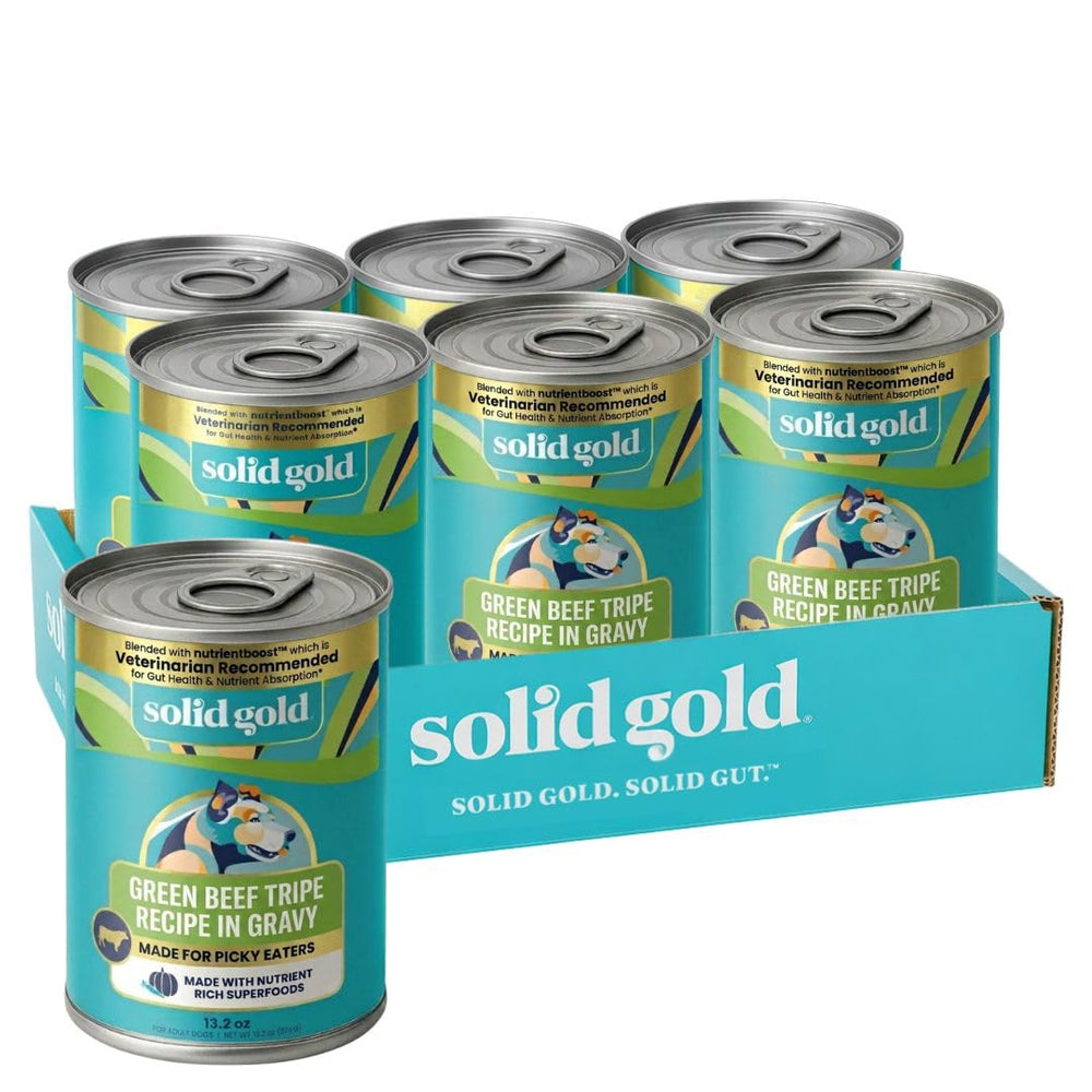 Solid Gold Beef Tripe wet dog food cans showing a savory balanced meal for digestion.