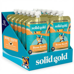 Solid Gold Bone Broth Cat Topper pouch showing real chicken shreds for hydration and flavor