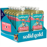 Solid Gold bone broth cat topper with salmon shreds in pouch for hydration.
