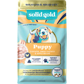 Solid Gold chicken dry puppy food bag front highlighting premium protein for growing puppies.