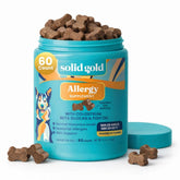 Solid Gold allergy relief chews bottle with bacon flavor promotes skin health