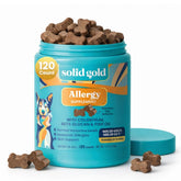 Solid Gold Allergy Relief Chews bottle showing bacon flavored bites for skin support