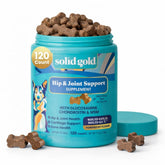 Solid Gold hip joint chews bottle supports dog mobility with glucosamine MSM.