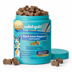Solid Gold hip joint chews bottle supports dog mobility with glucosamine MSM.