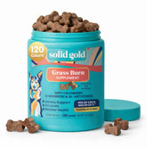Solid Gold dog-pee grass repair chews bottle shows bacon flavor for lawn protection