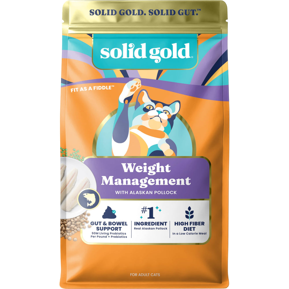 Solid Gold Fit as a Fiddle weight-management bag pour showing easy serving for weight management.