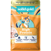Solid Gold high-protein dry cat food bag shows grain-free formulation for active cats.