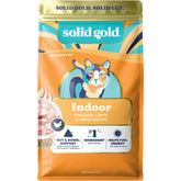 Solid Gold Indoor Dry Cat Food bag shows grain-free nutrition for indoor cats.